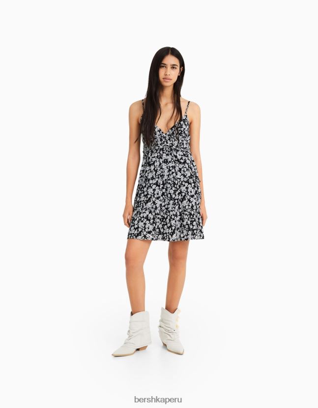 blanco negro Bershka mujer mini vestido con tirantes con volantes 806J6B81