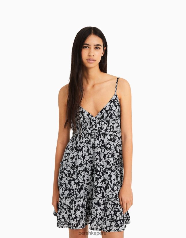blanco negro Bershka mujer mini vestido con tirantes con volantes 806J6B81