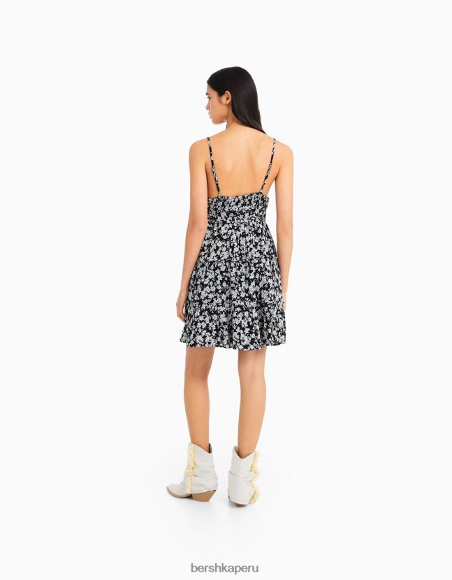 blanco negro Bershka mujer mini vestido con tirantes con volantes 806J6B81