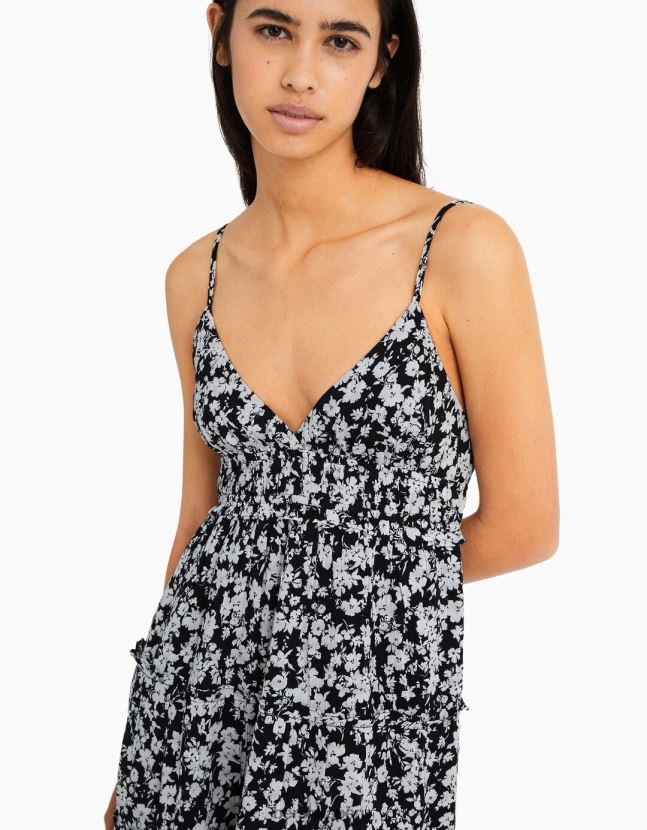 blanco negro Bershka mujer mini vestido con tirantes con volantes 806J6B81