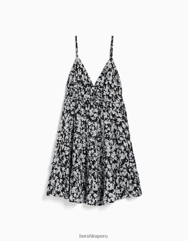 blanco negro Bershka mujer mini vestido con tirantes con volantes 806J6B81