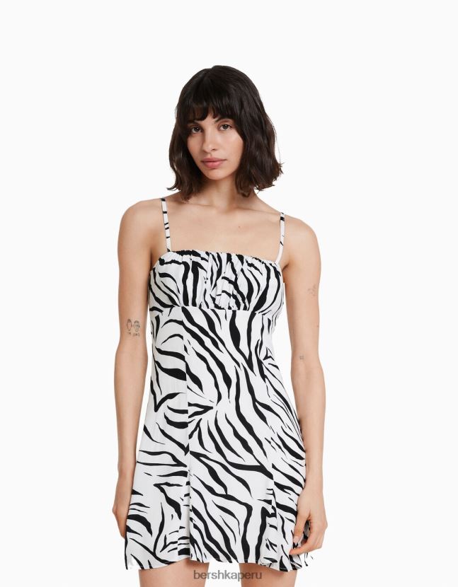 blanco negro Bershka mujer vestido corto estampado con tiras 806J6B186