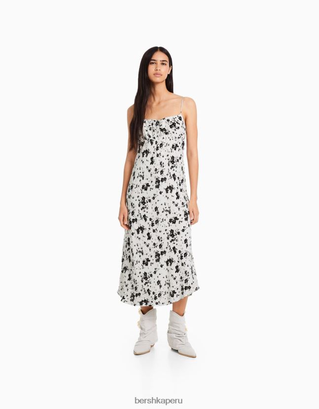 blanco negro Bershka mujer vestido midi de crepé con tiras 806J6B65