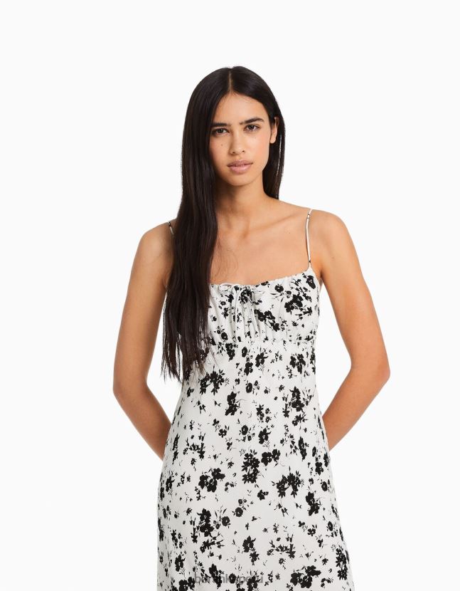blanco negro Bershka mujer vestido midi de crepé con tiras 806J6B65