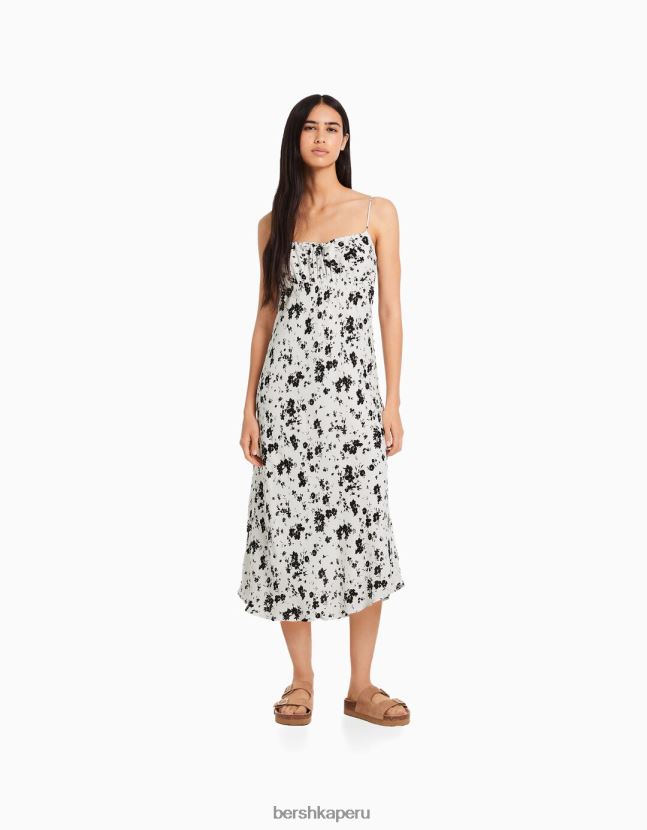 blanco negro Bershka mujer vestido midi de crepé con tiras 806J6B74