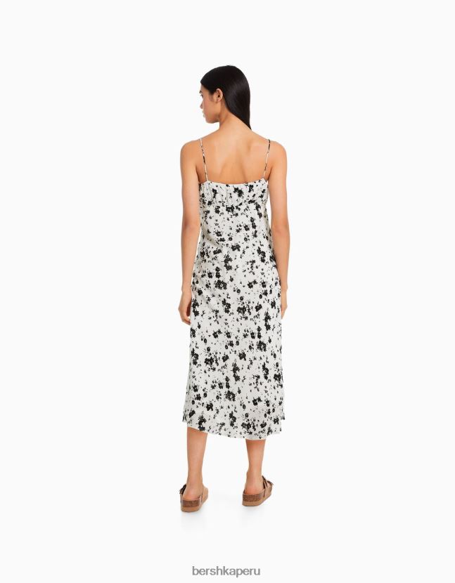 blanco negro Bershka mujer vestido midi de crepé con tiras 806J6B74