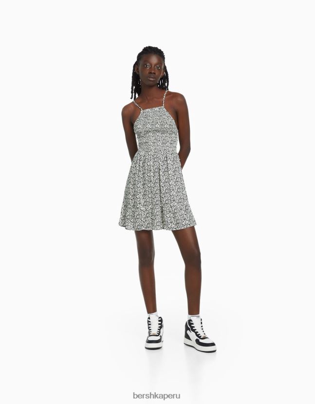 blanco negro Bershka mujer vestido mini estampado con cuello halter 806J6B269