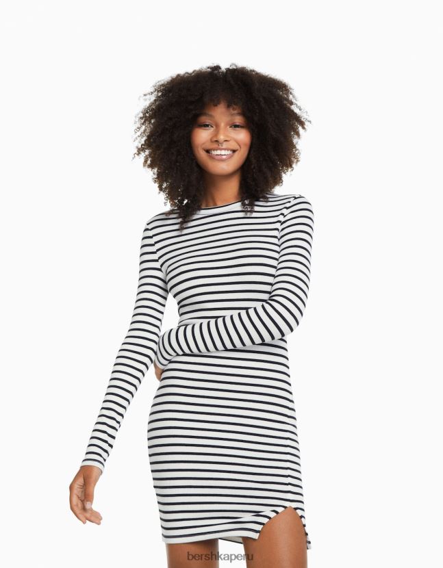 blanquecino Bershka mujer vestido corto de canalé con manga larga 806J6B235