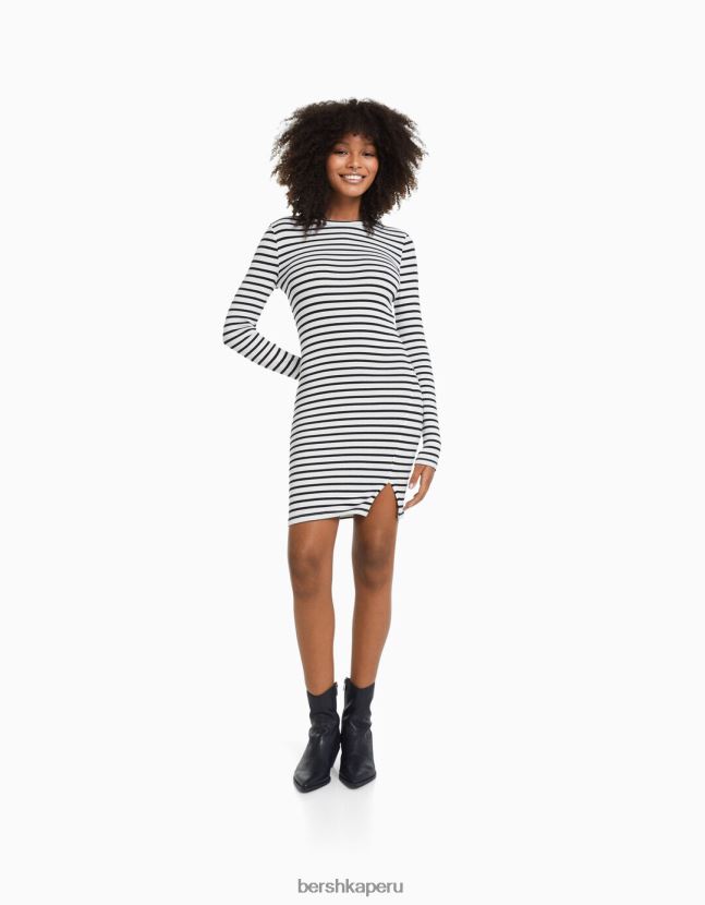blanquecino Bershka mujer vestido corto de canalé con manga larga 806J6B235