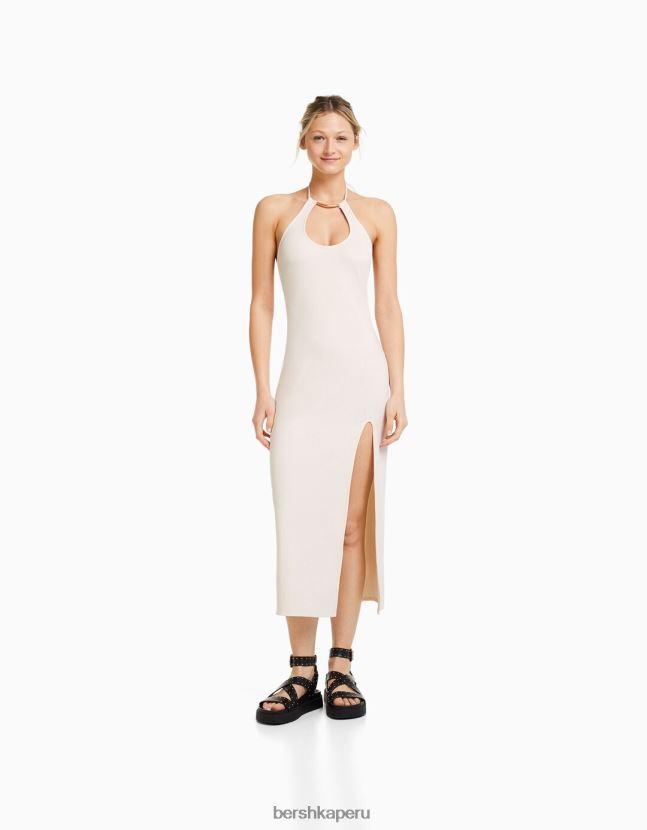 blanquecino Bershka mujer vestido midi ajustado con detalle de cuello 806J6B128