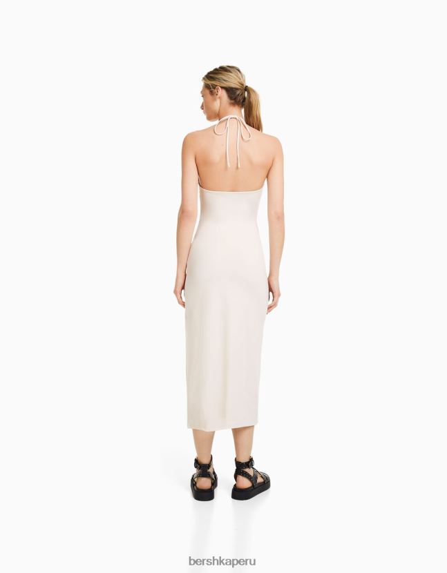 blanquecino Bershka mujer vestido midi ajustado con detalle de cuello 806J6B128