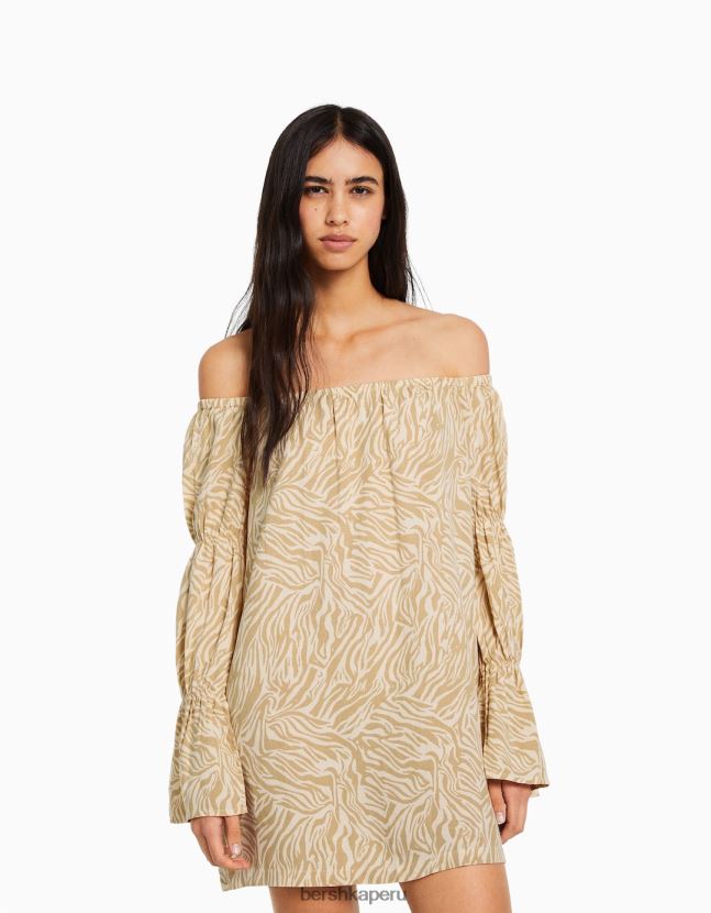camello Bershka mujer minivestido de mezcla de lino de manga larga con frunces 806J6B263