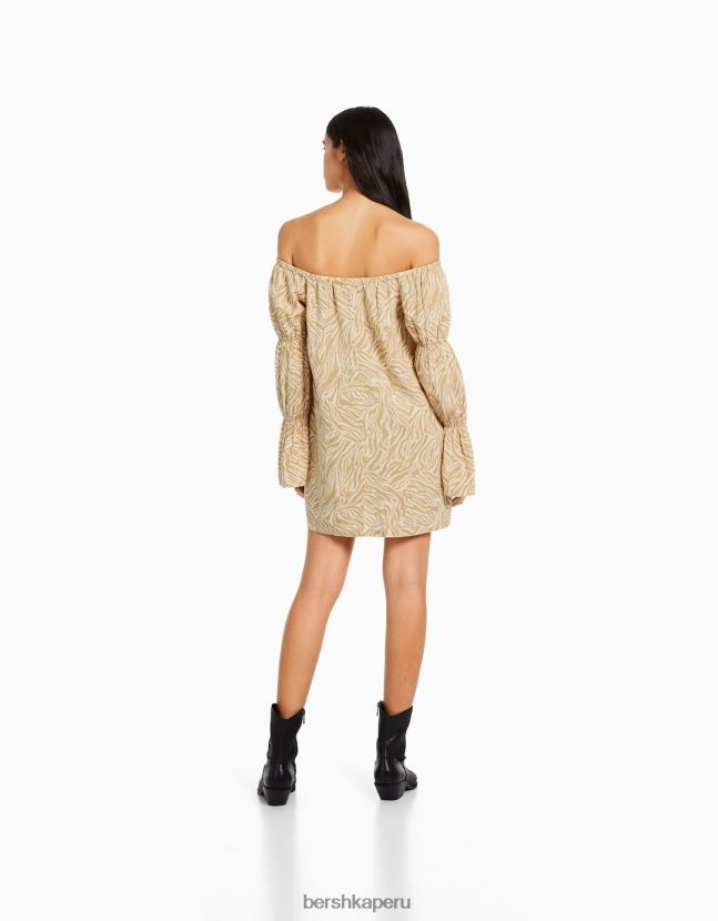 camello Bershka mujer minivestido de mezcla de lino de manga larga con frunces 806J6B263