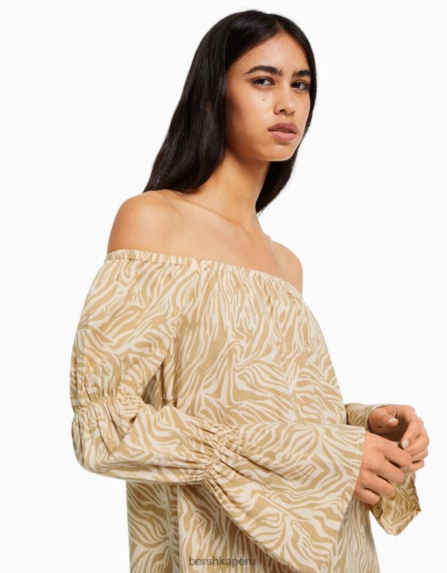 camello Bershka mujer minivestido de mezcla de lino de manga larga con frunces 806J6B263
