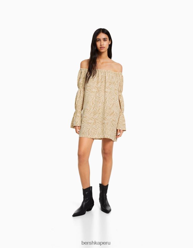 camello Bershka mujer minivestido de mezcla de lino de manga larga con frunces 806J6B263