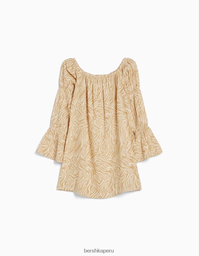 camello Bershka mujer minivestido de mezcla de lino de manga larga con frunces 806J6B263