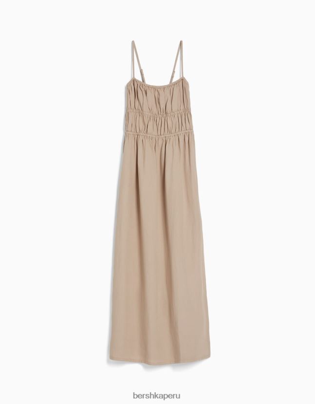 camello Bershka mujer vestido midi de mezcla de lino con tirantes 806J6B14