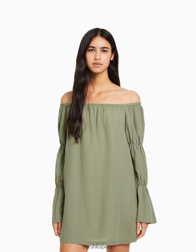caqui Bershka mujer minivestido de mezcla de lino de manga larga con frunces 806J6B264