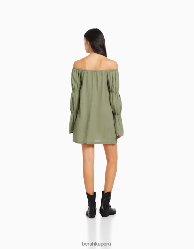 caqui Bershka mujer minivestido de mezcla de lino de manga larga con frunces 806J6B264