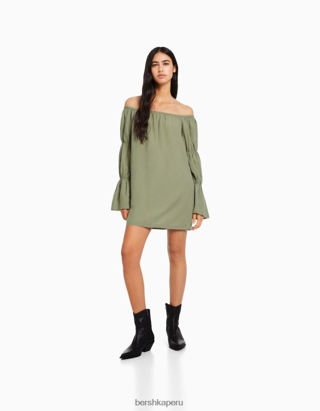 caqui Bershka mujer minivestido de mezcla de lino de manga larga con frunces 806J6B264