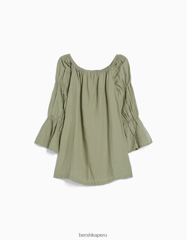 caqui Bershka mujer minivestido de mezcla de lino de manga larga con frunces 806J6B264