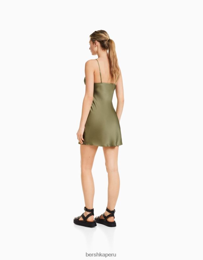 caqui Bershka mujer minivestido fluido de satén con tiras y frunces 806J6B70