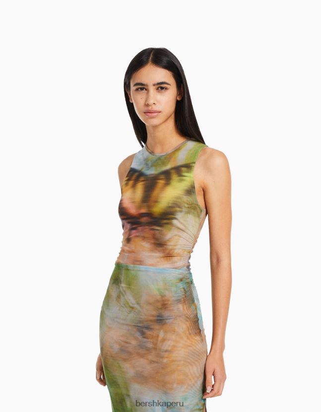caqui Bershka mujer vestido midi de tul estampado sin mangas 806J6B87