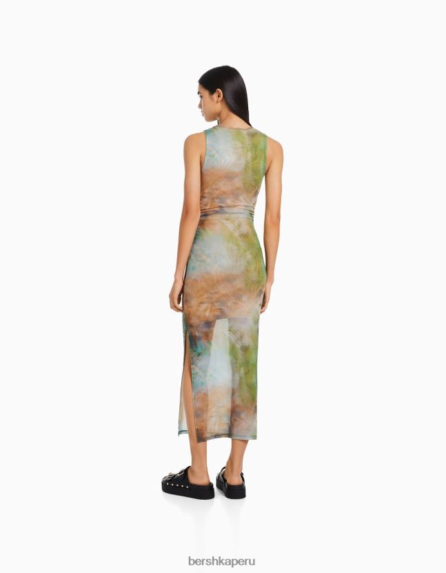 caqui Bershka mujer vestido midi de tul estampado sin mangas 806J6B87