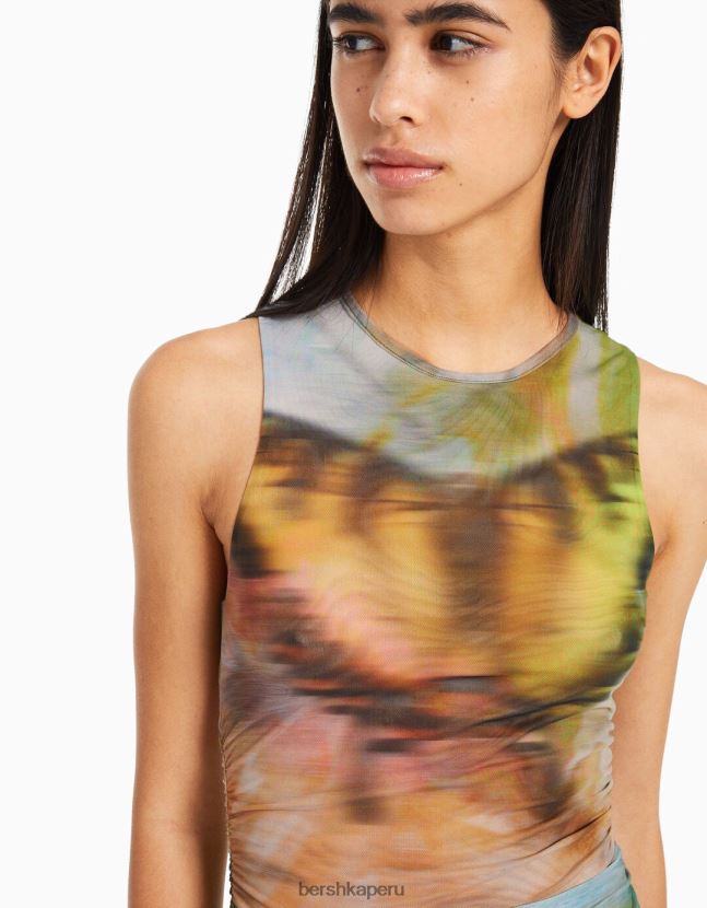 caqui Bershka mujer vestido midi de tul estampado sin mangas 806J6B87