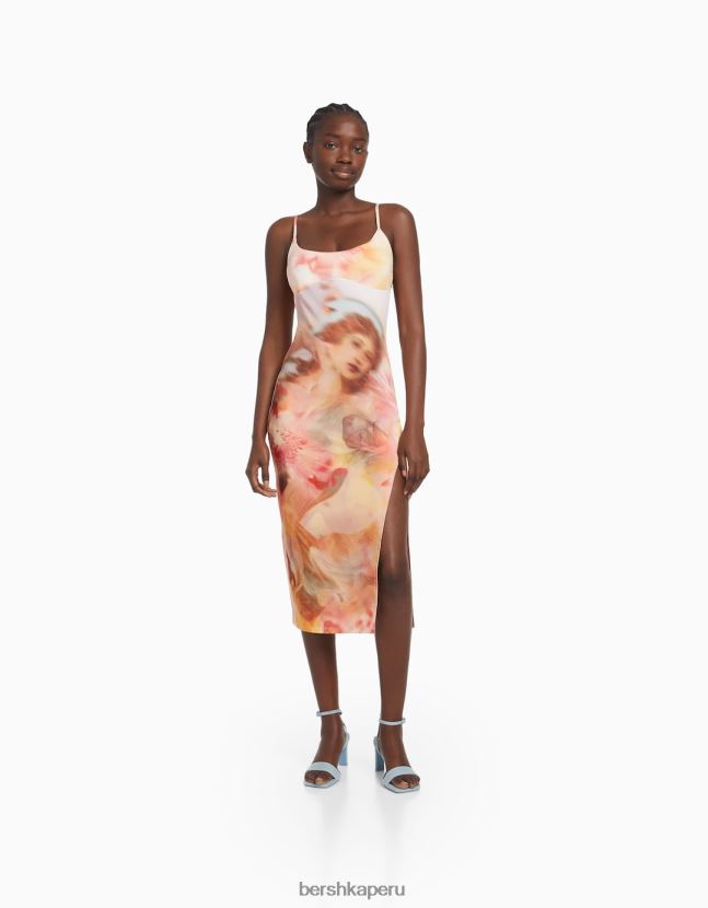 coral Bershka mujer vestido midi ajustado con tirantes 806J6B36