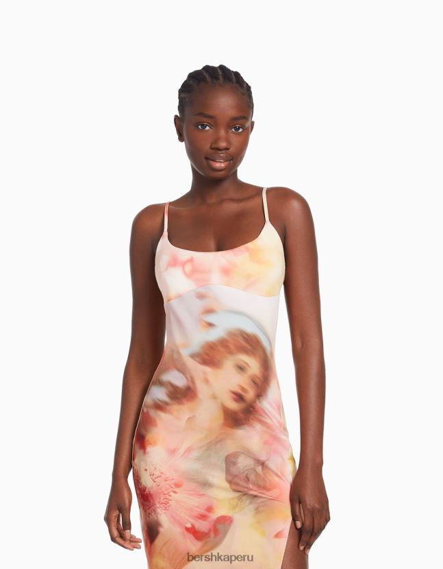 coral Bershka mujer vestido midi ajustado con tirantes 806J6B36