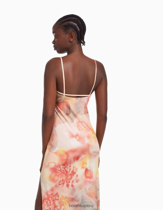 coral Bershka mujer vestido midi ajustado con tirantes 806J6B36
