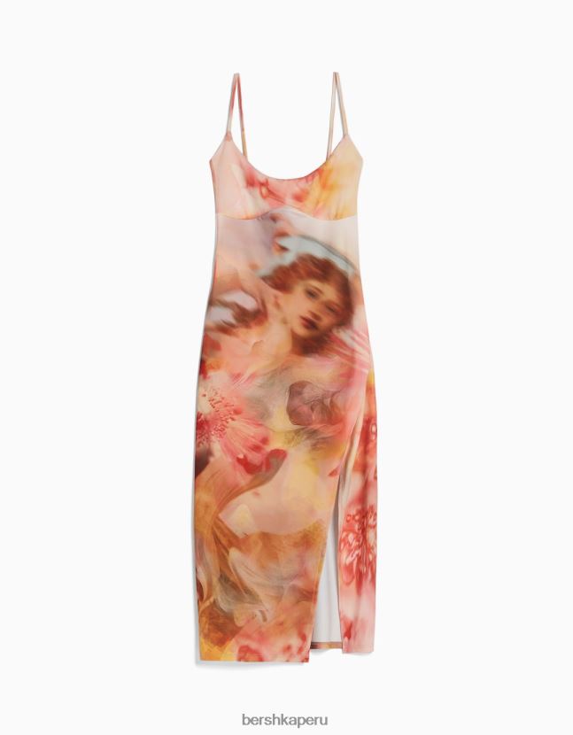 coral Bershka mujer vestido midi ajustado con tirantes 806J6B36