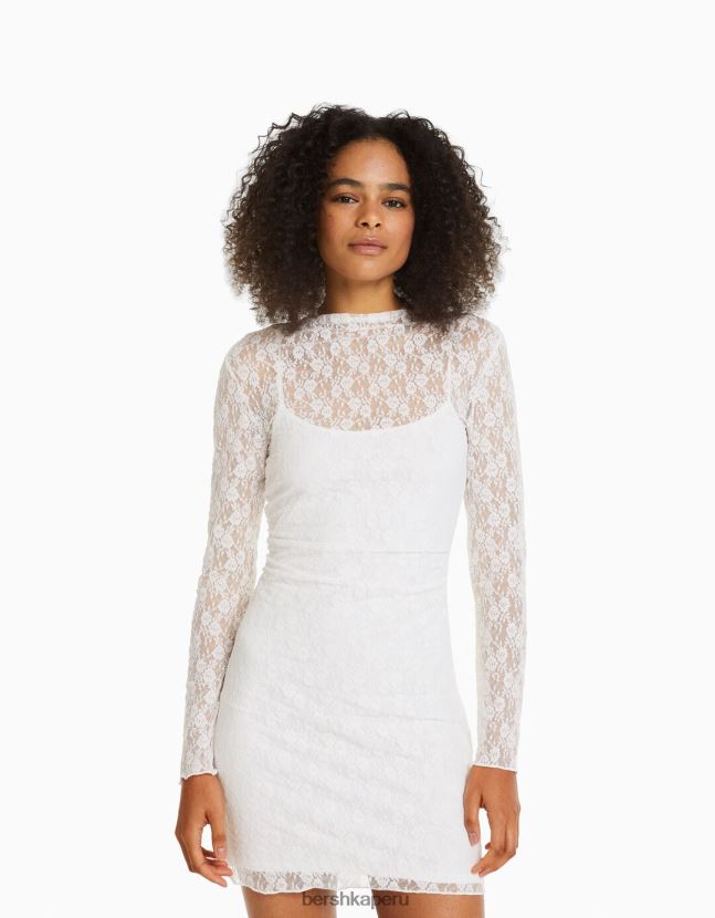 crema Bershka mujer mini vestido blonda de manga larga con detalle de escote 806J6B214