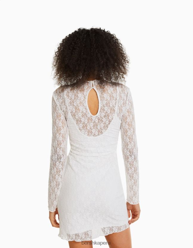 crema Bershka mujer mini vestido blonda de manga larga con detalle de escote 806J6B214