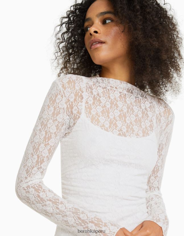 crema Bershka mujer mini vestido blonda de manga larga con detalle de escote 806J6B214
