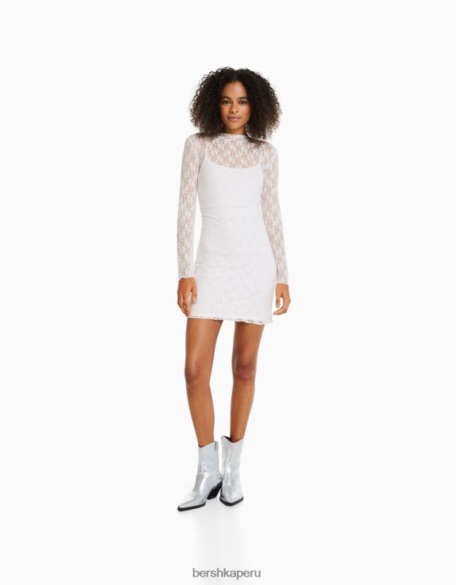 crema Bershka mujer mini vestido blonda de manga larga con detalle de escote 806J6B214