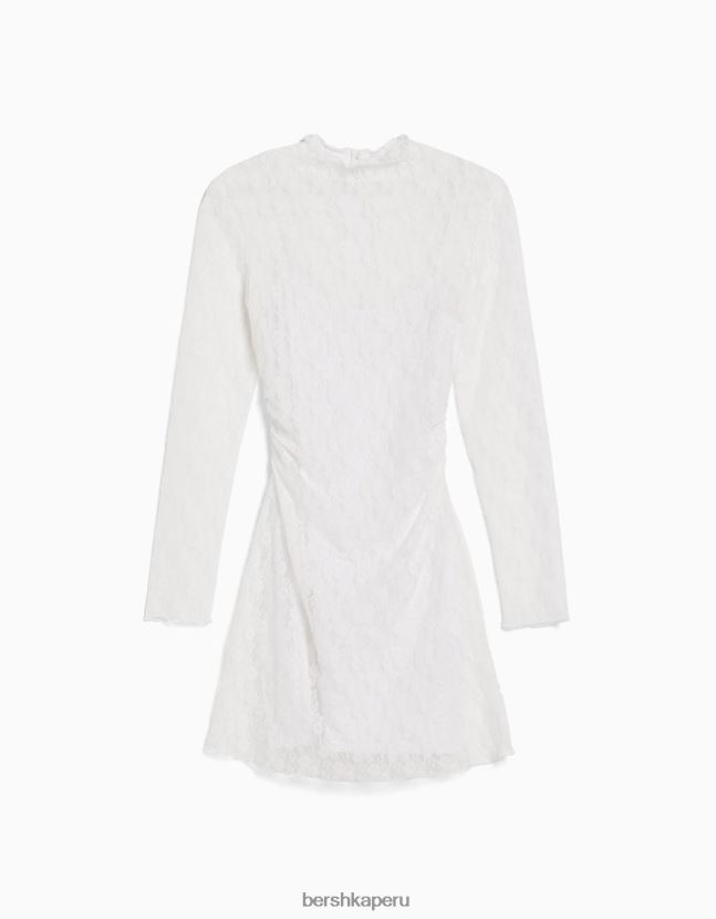 crema Bershka mujer mini vestido blonda de manga larga con detalle de escote 806J6B214