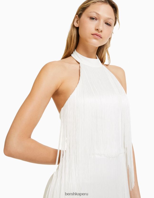 crema Bershka mujer mini vestido con escote halter y flecos 806J6B277