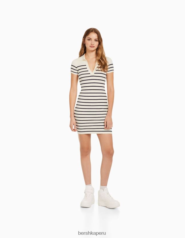 crema Bershka mujer mini vestido de manga corta con cuello de polo 806J6B266