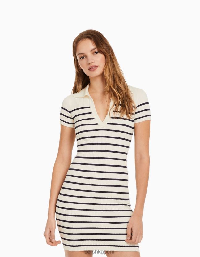 crema Bershka mujer mini vestido de manga corta con cuello de polo 806J6B266