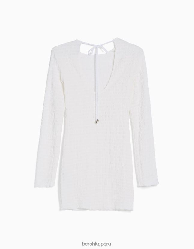 crema Bershka mujer mini vestido de manga larga con abertura en la espalda y lazo 806J6B231