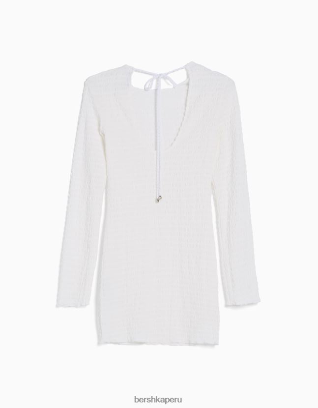 crema Bershka mujer mini vestido de manga larga con abertura en la espalda y lazo 806J6B4105