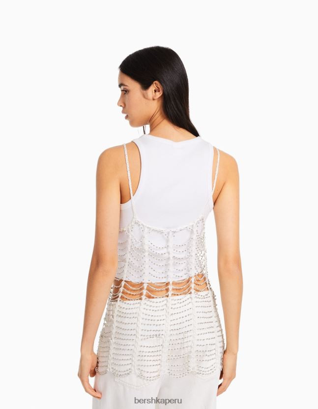 crema Bershka mujer minivestido de malla con tiras y pedrería 806J6B140