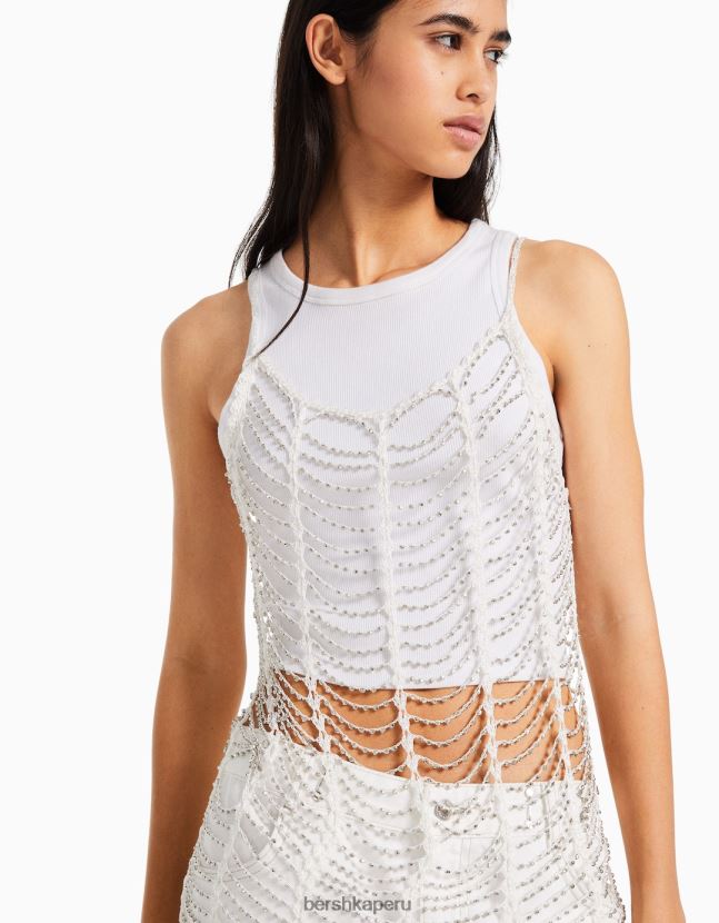 crema Bershka mujer minivestido de malla con tiras y pedrería 806J6B140