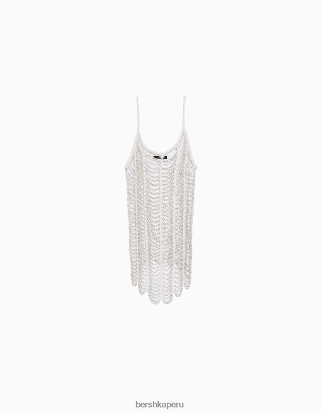 crema Bershka mujer minivestido de malla con tiras y pedrería 806J6B140