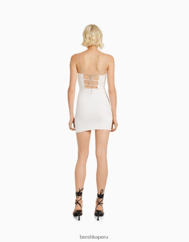 crema Bershka mujer minivestido de tiras con strass y cordones de canalé 806J6B135