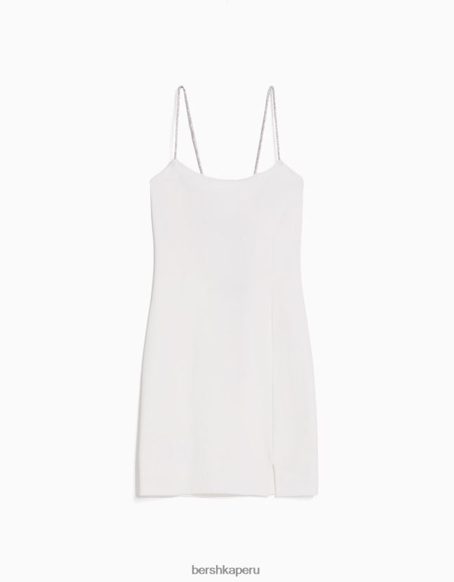 crema Bershka mujer minivestido de tiras con strass y cordones de canalé 806J6B135