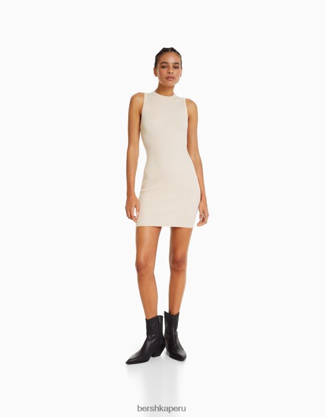 crema Bershka mujer vestido corto de canalé 806J6B242