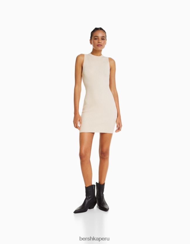 crema Bershka mujer vestido corto de canalé 806J6B244